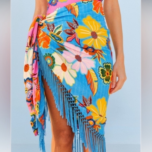 New Farm Rio Full Garden Swim Beach Cover-Up Fringe Reversible Skirt Sarong O/S - Picture 3 of 7